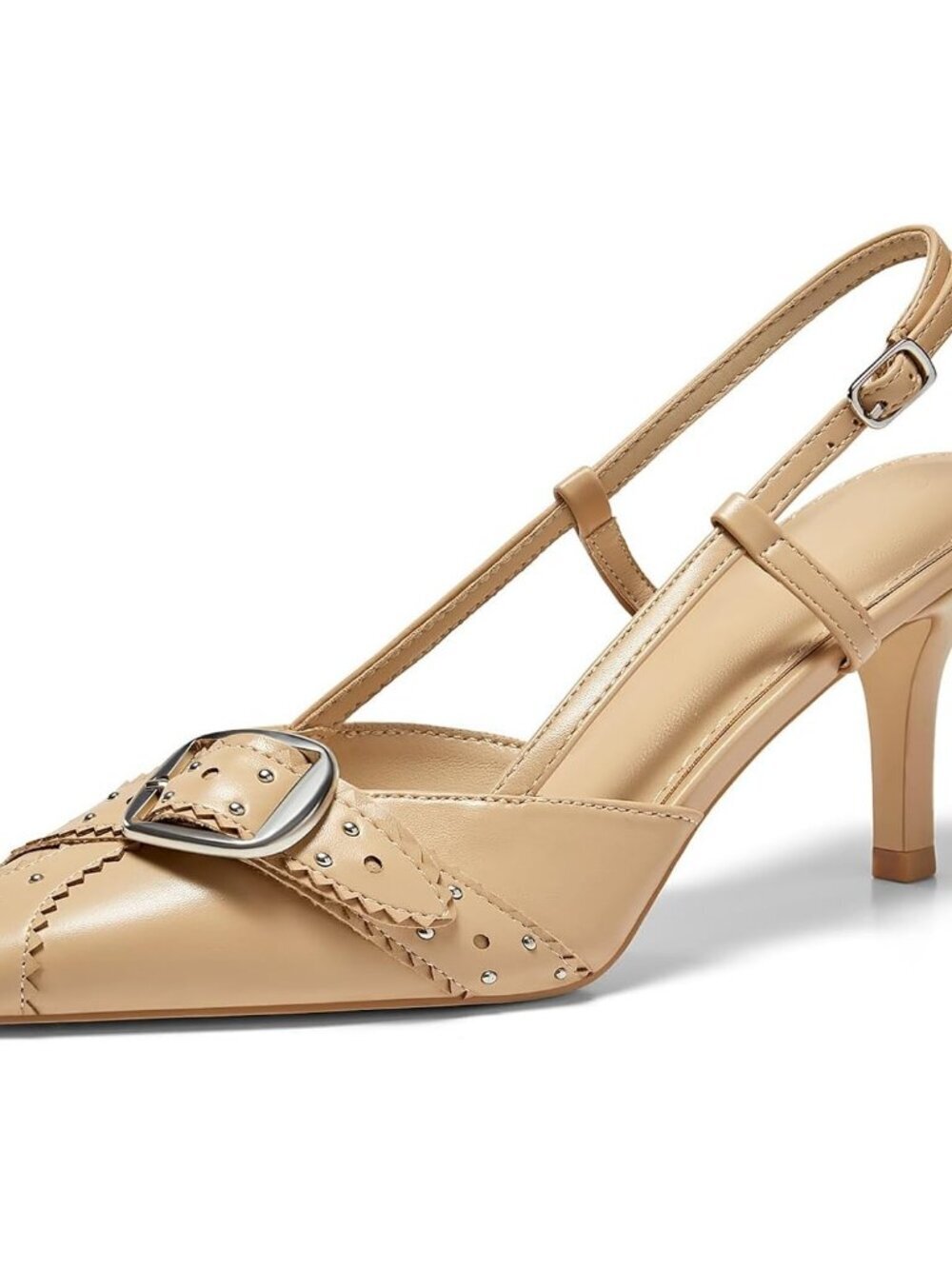 Coutgo Women's Khaki Close Pointed Toe Slingback Buckle Ankle Strap Heels Shoes
